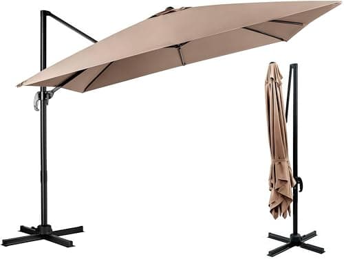 Image of TANGZON 3M Cantilever Garden Parasol, Heavy Duty Offset Patio Umbrella with Crank Handle, Cross Base & 360°Rotation, Outdoor Square Hanging Sun Shade Roma Umbrella (Beige)