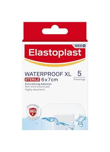 Image of Elastoplast Waterproof XL Med+ Dressings (5 Pieces), Pack of First Aid Plasters, Large Plasters for Post-Operative Wounds, Waterproof Sterile Dressing for Wounds, 0% Latex, Flexible Material, Clear