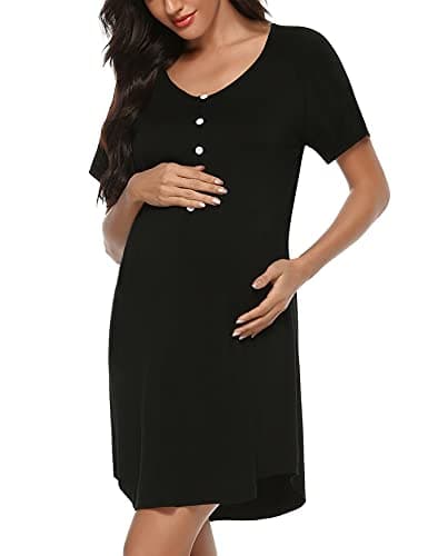 Image of Uniexcosm Women's Maternity Nightdress Button Breastfeeding Nightwear Soft Nursing Nightgown for Pregnancy Short Sleeve Maternity Pyjamas Loungewear Black