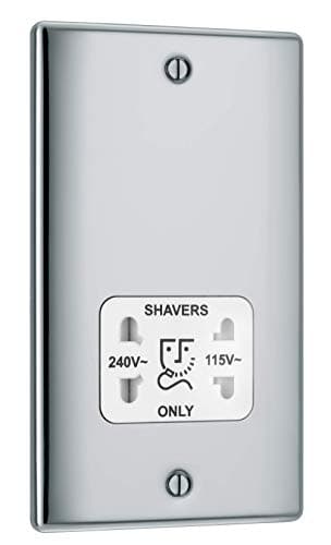 Image of BG Electrical Dual Voltage Shaver Plug Socket, Electric Toothbrush Charger Socket, Bathroom, Raised and Slim Profile, Round Edges, Nexus Metal, 2-Pin, Polished Chrome,115V / 240V, NPC20W