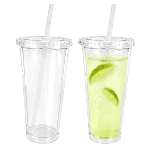 Image of Axincardarm 2 Pcs 650ml Iced Coffee Cup Double Walled Plastic Cups with Lids and Straw, Transparent Drinking Cup for Coffee, Fruit Juice