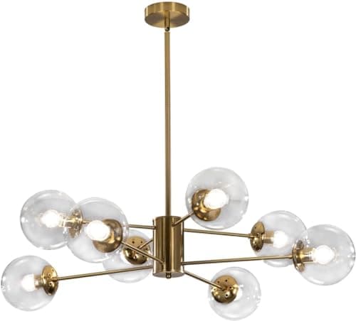Image of KCO Lighting Modern Sputnik Chandelier 8-Light Clear Glass Globe, Mid Century Semi Flush Mounted Brass Pendant Light with 8 Glass Balls for Living Room Kitchen Island (Gold+Clear)