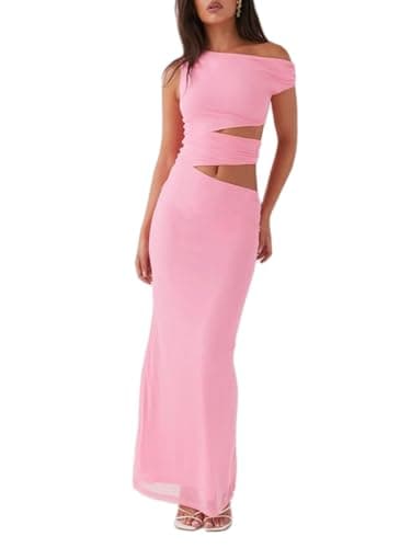 Image of ensswliz Women Spaghetti Strap Cut Out Maxi Dress Sleeveless V-Neck Backless Hollowed Dress Elegant Bodycon Cocktail Dresses (B-Pink, L)