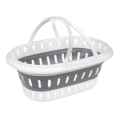 Image of HOMESHOPA Collapsible Oval Laundry Basket, 24 Litre Foldable Plastic Pop Up Storage Organiser Container, Portable Washing Basket With Ventilation Holes & Handle, Space Saving Multi-Purpose Tub - Grey