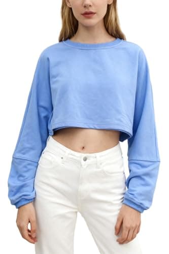 Image of Amazhiyu Womens Cropped Hoodie, Long Sleeve Pullover Crop Tops Crewneck Oversize Hoodie Sweatshirt Blue S