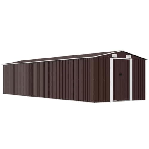 Image of vidaXL Garden Shed in Brown - Galvanised Steel Outdoor Storage House, Ventilated, Double Sliding Doors, Assembly Required, Weather- Utility Structure