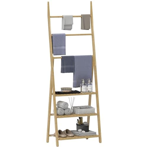 Image of HOMCOM Folding Bathroom Storage Shelves, 3-Tier A-Frame Bamboo Storage Shelving Unit with Towel Bars, Freestanding Shelves Rack Organiser for Living Room, Natural