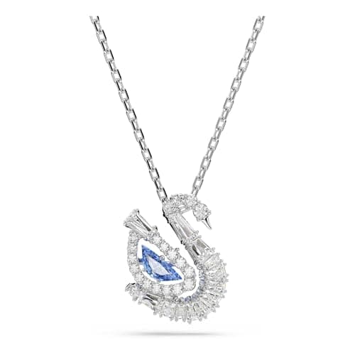 Image of Swarovski Swan Pendant Necklace, Clear Mixed-Cut Crystals and Blue Dancing Stone in a Rhodium-Finished Setting, Part of the Swan Collection