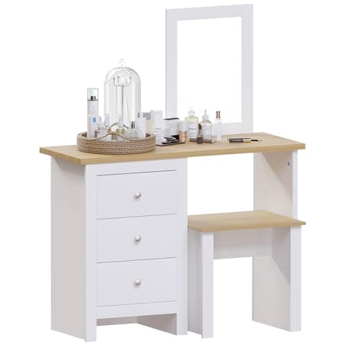 Image of Vida Designs Arlington Dressing Table/Vanity Table, 3 Drawer, Stool, Mirror - Bedroom Makeup Set, White