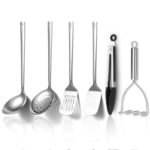 Image of Kyraton Stainless Steel Kitchen Utensils Set 6 Pieces, Cooking Utensil Set Include Metal Spatula Sets, Skimmer, Ladle, Tongs, Potato Masher, Dishwasher Safe