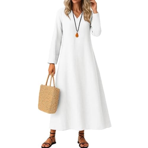 Image of Women's Dress Summer Fall Linen Dresses Casual V Neck Midi Dress Long Sleeve A-line Sundress Solid Colour Maxidress,White,M