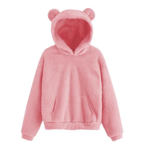 Image of AMhomely Soft Fluffy Sweatshirt for Kids with Bear-Fleece Hoodies Girls-Girls Teddy Bear Fleece Top,Kangaroo Pocket,Animal Ear,Warm,Autumn Winter Pullover for 4-16 Years A Pink 6-7 Years