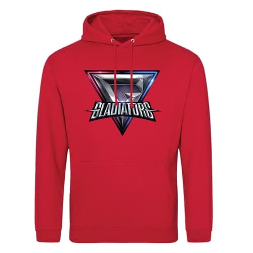 Image of SMARTYPANTS Gladiators Logo Pullover Hoodie - Retro TV Show Sports Fan Comfortable Comfy Nostalgia-Inspired Apparel Graphic Hoodie Bold Fun Tele Show Present Gift (Small, Red)