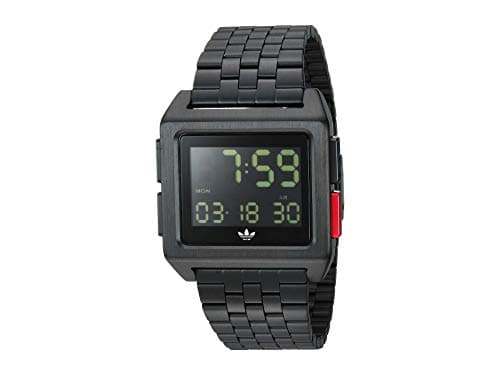 Image of Adidas Watches Archive_M1. Men s 70 s Style Stainless Steel Digital Watch with 5 Link Bracelet (All Black/Blue/Red. 36 mm).