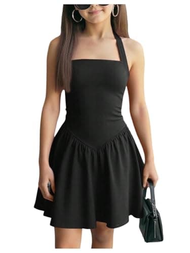 Image of GORGLITTER Girls' Dresses Summer Party Halter Neck Sleeveless Ruched A Line Skater Swing Mini Dress Aged 8-12 Years Black 8Y
