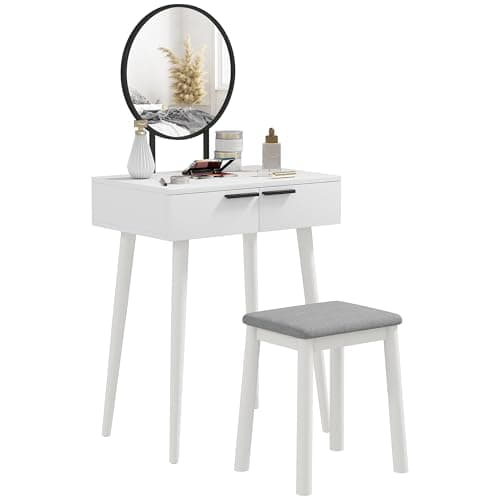 Image of HOMCOM Modern Dressing Table with Round Mirror and Stool, Makeup Vanity Table with 2 Drawers for Bedroom, Living Room, 60 x 40 x 123 cm, White
