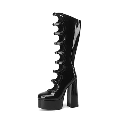 Image of Frankie Hsu Gothic Lolita Women's Large Size Buckle Strap Black Patent Leather Platform Chunky Block Knee High Heeled Boots, Black, 6 UK