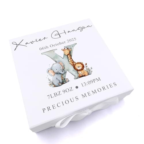 Image of Personalised White Baby Memory Box, Animals Alphabet Design, Wood and Ribbon Options, Keepsake Storage for Photos and Mementos