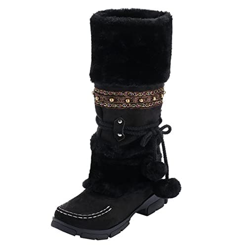 Image of Momolaa UK 5.5 Snow Boots for Women New Women's Winter Knee High/Mid Calf Boots Furry Fuzzy Warm Faux Fur Lined Winter High Top Snow Boot Low Heel Wedge 003_Black