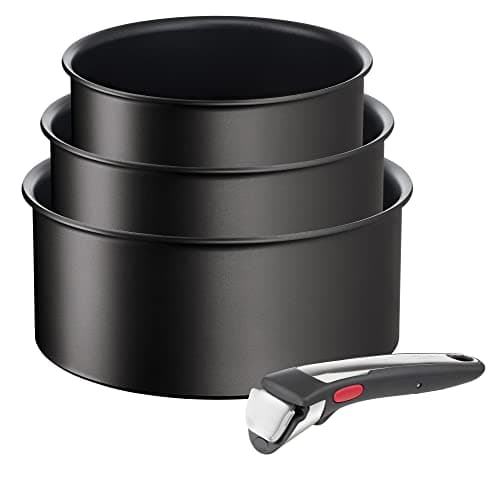 Image of Tefal Ingenio Unlimited ON 4 piece Non-Stick Induction Saucepan Set, 16&18&20 cm Saucepans, 1 Bakelite Removable Handle, Easy Cleaning, Heat Indicator, Black, L3959443
