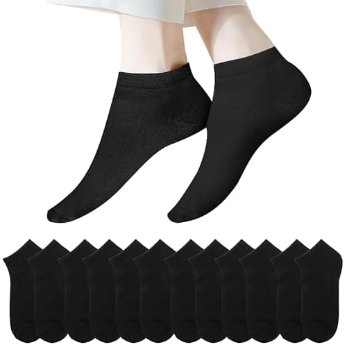 Image of Lakpoau Ankle Socks for Mens Womens 12 Pairs Cotton Trainer Socks Low Cut Breathable Sports Socks Running Sock Athletic Gym Sock Walking Short - Black Size UK 9-12