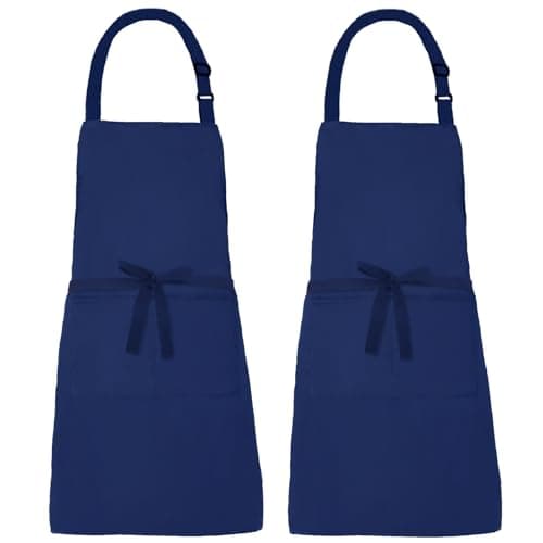 Image of XIEJINJIA 2 Pack Adjustable Bib Apron with 2 Pockets Long Ties Canvas Water Resistant Kitchen Cooking Baking Chef Aprons for Women Men (Navy Blue)