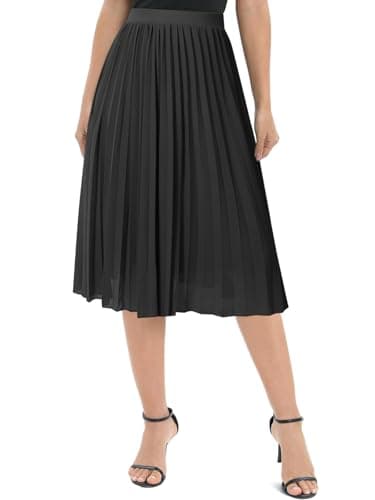 Image of Genfien Women's Skirts Elegant Chiffon Elastic Waist A-Line Pleated Knee-Length Midi Skirt with Lining Summer Basic Black