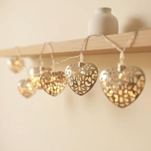 Image of HHMTAKA Silver Metal Heart Fairy String Lights 10 Warm White Battery Operated LEDs on Clear Cable for Valentine's Day Wedding Mother's Day Anniversary Decor Indoor Decorative Lights