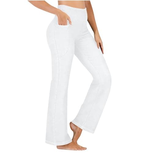 Image of Keepink Flared Leggings Women Stretchy Denim Jeggings Pants Trendy Pull On Bootcut Wide Leg Jean Legging with Pockets Fitness High Waisted Bell Bottom Trousers Plus Size Yoga Pant