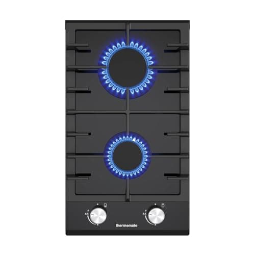 Image of ThermoMate GHBG302 30cm 2 Burners Gas Hob, Black Glass Gas Cooktop with Flame Failure Protection, Propane Domino Hob with Cast Iron Supports, NG/LPG Convertible, 4200W