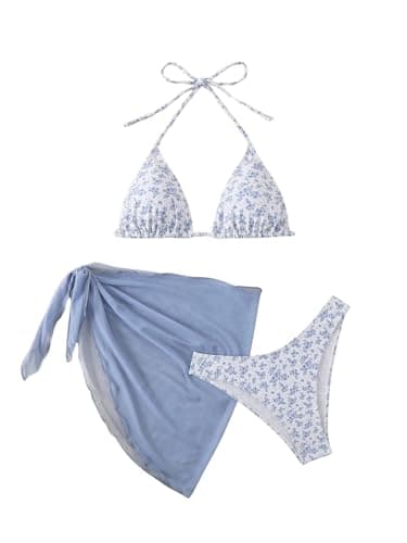 Image of GORGLITTER Women's Halter Neck Ditsy Floral Bikini Sets Triangle Hipster Bikini Set with Cover Up Sarong Swim Suits Blue S