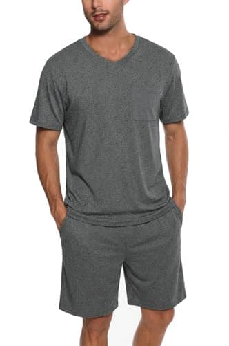 Image of Ekouaer Mens Pyjamas Set Shorts Pjs Short Sleeve Men's Loungewear Summer Nightwear Checked Bottom and V-Neck Pyjama Top with Pocket Grey XL