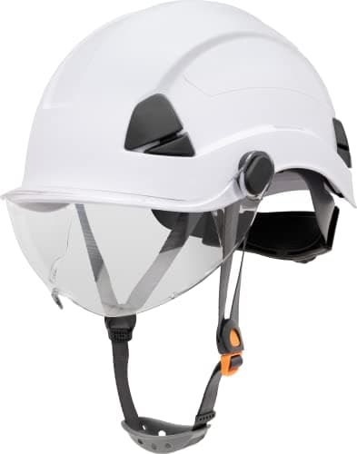 Image of Honeywell Fibre Metal Safety Helmet with Visor, Hard Hat for Construction, Non-Vented, 4-point buckle chinstrap, 6-point ratchet suspension, Resistant to extreme temperatures, White, FSH10001E