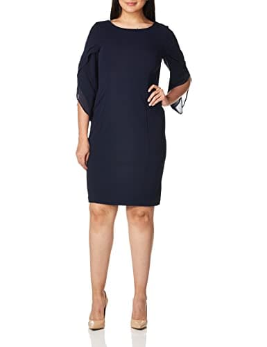 Image of DKNY Women's Sheath with 3/4 Chiffon Sleeve Dress, Navy, 12
