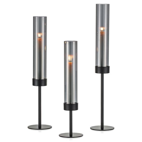 Image of Hurricane Candle Holders for Home Decor:Hewory 3pcs Black Metal Candlestick Holders with Ribbed Glass Cylinders Mordern Candle Sticks Holder for Living Room Dining Table Halloween Christmas Party