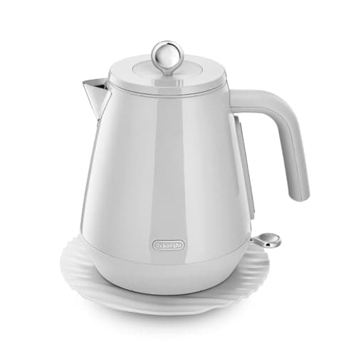 Image of De'Longhi Eclettica BPA Free Metal Kettle KBY3001.W, Customisable Design Rapid Boil Electric Kettle, 1.7L Large Capacity, Anti Scale Filter, Swivel Base, Cord Storage, Stainless Steel, 3000W, White