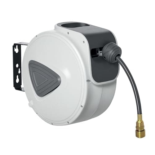 Image of DURHAND Retractable Air Hose Reel, Wall Mount Auto Rewind Hose- Reel, 10m+ 90cm Diameter 3/8" 9.5mm, Connector 1/4" BSP, Grey