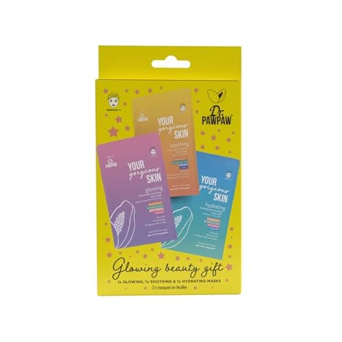 Image of Dr.PAWPAW Glowing Beauty Sheet Mask Gift Set Pack of 3, Glowing Soothing and Hydrating Face Masks with Papayaluronic, Vegan Sheet Masks for All Skin Types