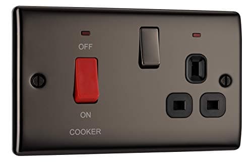 Image of BG Electrical Cooker Switch with Socket and LED, Cooker Control Unit, Control Socket, Double Pole, Raised Profile, Round Edges, Nexus Metal, Black Nickel, 45A, NBN70B