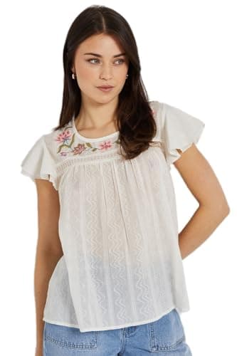 Image of Dorothy Perkins Floral Embroidered Double Frill Angel Sleeve Top, 12, Ivory
