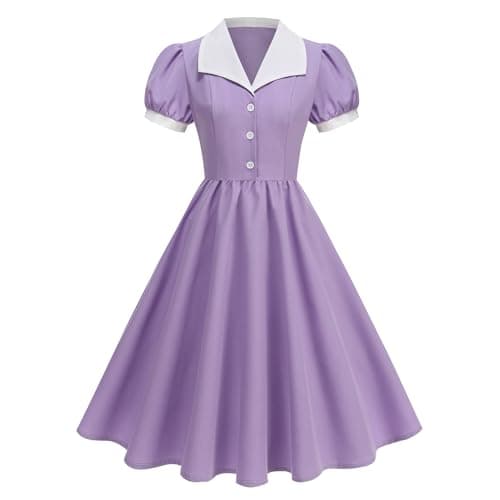 Image of OMEWEE Women Cocktail Dress Vintage Short Puff Sleeve Swing Dresses Elegant A-Line Midi Dresses Modest Work Tea Party Prom Dress Purple Small