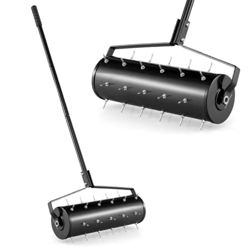 Image of COSTWAY Garden Rolling Lawn Aerator, 45cm/53cm Manual Grass Spikes Roller with Fillable Drum & 130cm Detachable Handle, Heavy Duty Steel Rotary Push Pull Tine Garden Lawn Tool (53 x 14 x 130cm, Black)