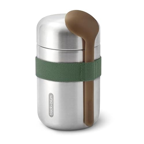 Image of BLACK + BLUM - Food Flask - Vacuum Insulated 304 Stainless Steel Food Container with Leak Proof Lid, Nylon Strap and Natural Wood Fibre Spoon - Keeps Hot for 6 hrs, Cold for 8 hrs, Olive - 400ml