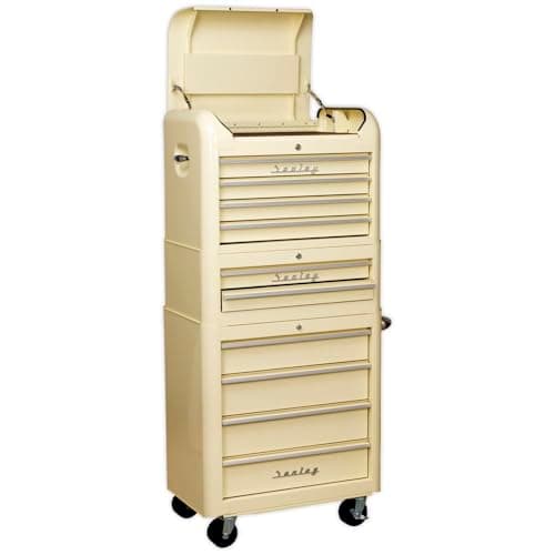 Image of Sealey Premier Retro Style 10 Drawer Roller Cabinet, Mid and Top Tool Chest Cream