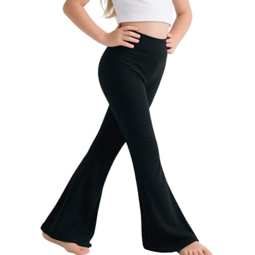 Image of Sahunfri Girls Flared Leggings High Waisted Tummy Control Yoga Pants for Kids, Breathable Stretchy School Trousers Suitable for Dance (UK, Age, 12 Years, 13 Years, Regular, Black)