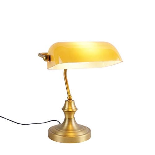 Image of Qazqa - Classic Notary lamp Bronze with Amber Glass - Banker- - Classic I Antique - Suitable for LED E27 | 1 Light - Glass Table lamp - Suitable for Living Room I Bedroom I