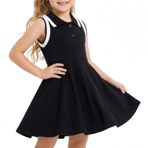 Image of WISREMT Little Girls Summer Dress, Active Sport Dress for Tennis Golf, Kids Soft School Uniform, Sleeveless Polo Dresses for Casual Holiday, Girls' Pleated Flare Sundress Size 3 4 5 6 7 8 Years Black