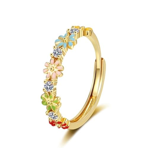Image of IMINI Lovely Daisy Flower Adjustable Ring for Women Girls - Colour Enamel Bloom Floral Crystal Band, Dainty Everyday Wear & Engagement Birthday Jewellery Gift (Gold)
