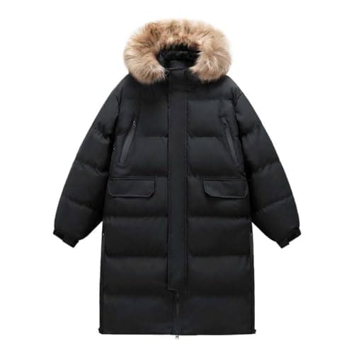 Image of AMhomely A Black Mens Long Puffer Coat - Multi Pockets, Fur Trimmed Hooded, Longline Pea Coats, Full Zip & Snap Button Closure, Loose Fit Down Jackets for Outdoor Hiking XL