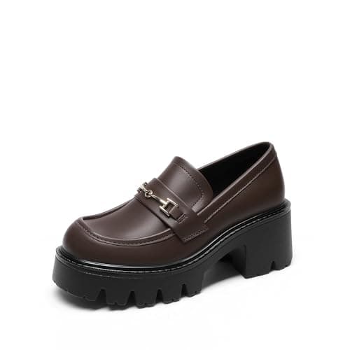 Image of DREAM PAIRS Women Loafers Platform Chunky Heel Slip On Lug Sole Casual Dressy Office Business Shoes,Size 5.5,Dark Brown,DWUMLS2534